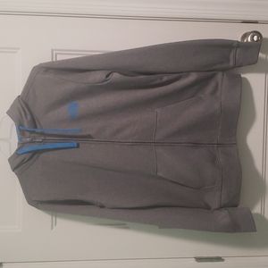 North Face Mens Medium Gray and Turquoise Jacket with Hoodie, Pockets, Zip Front